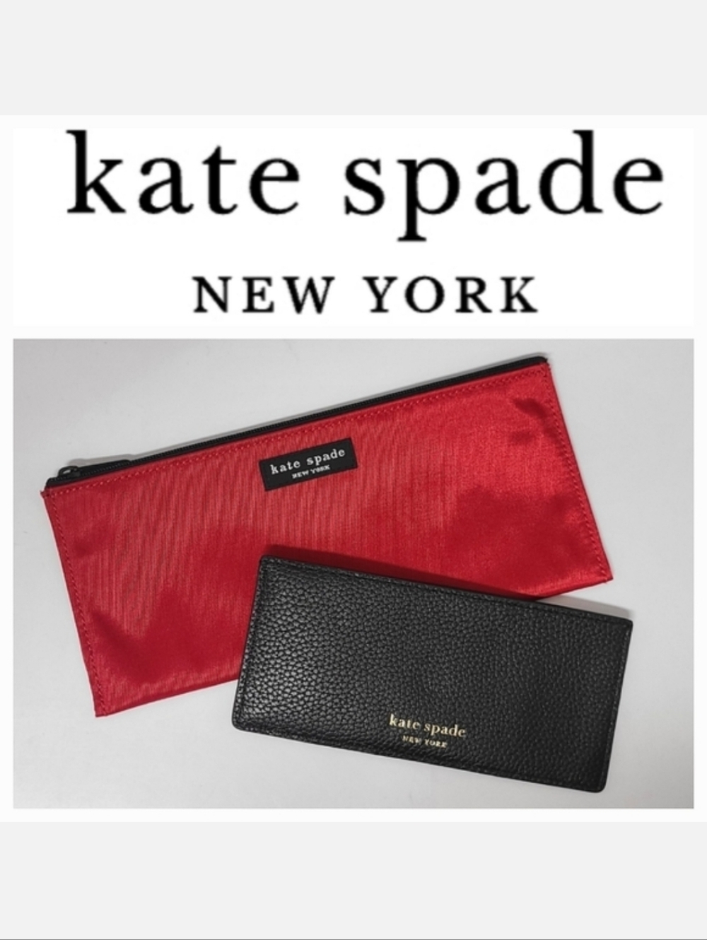 Kate Spade NY Red Vinyl Accessory Pouch & Black Pebbled Leather Card Case Set